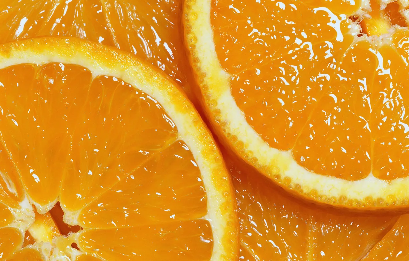 Фото обои макро, апельсин, ломтики, дольки, сочные, сок.