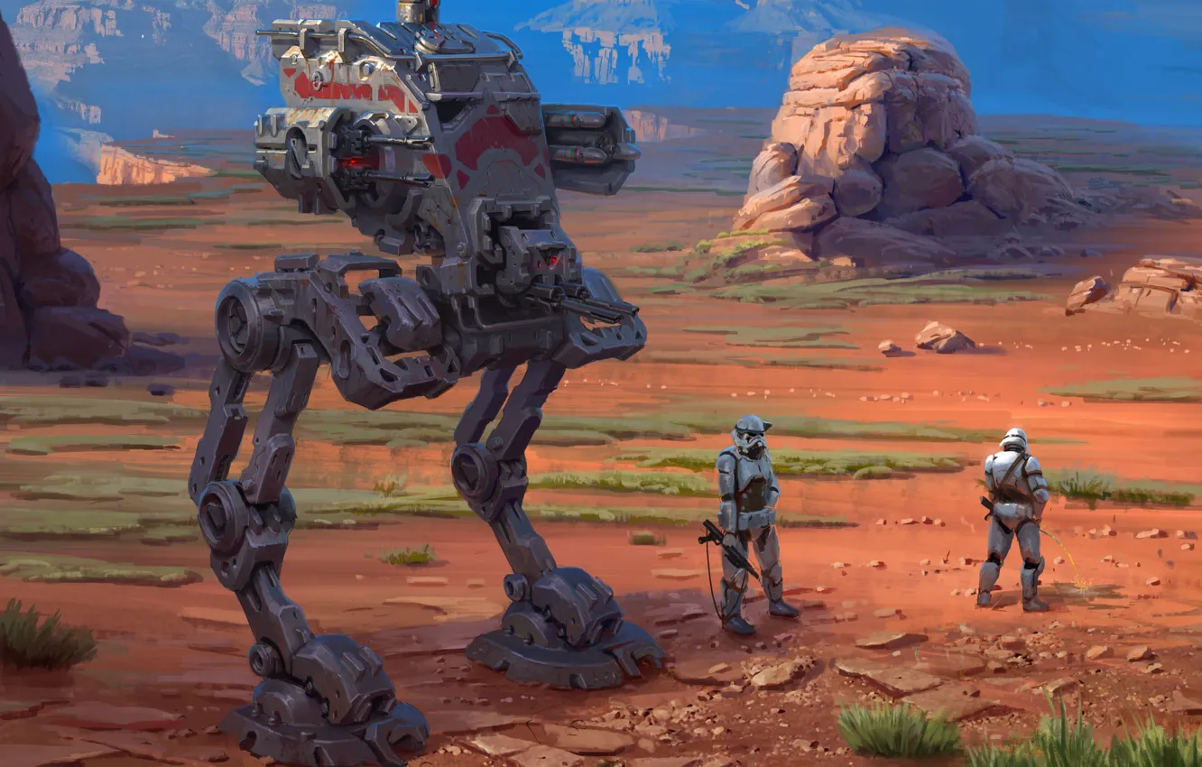 Фото обои горы, пустыня, робот, Star Wars, солдаты