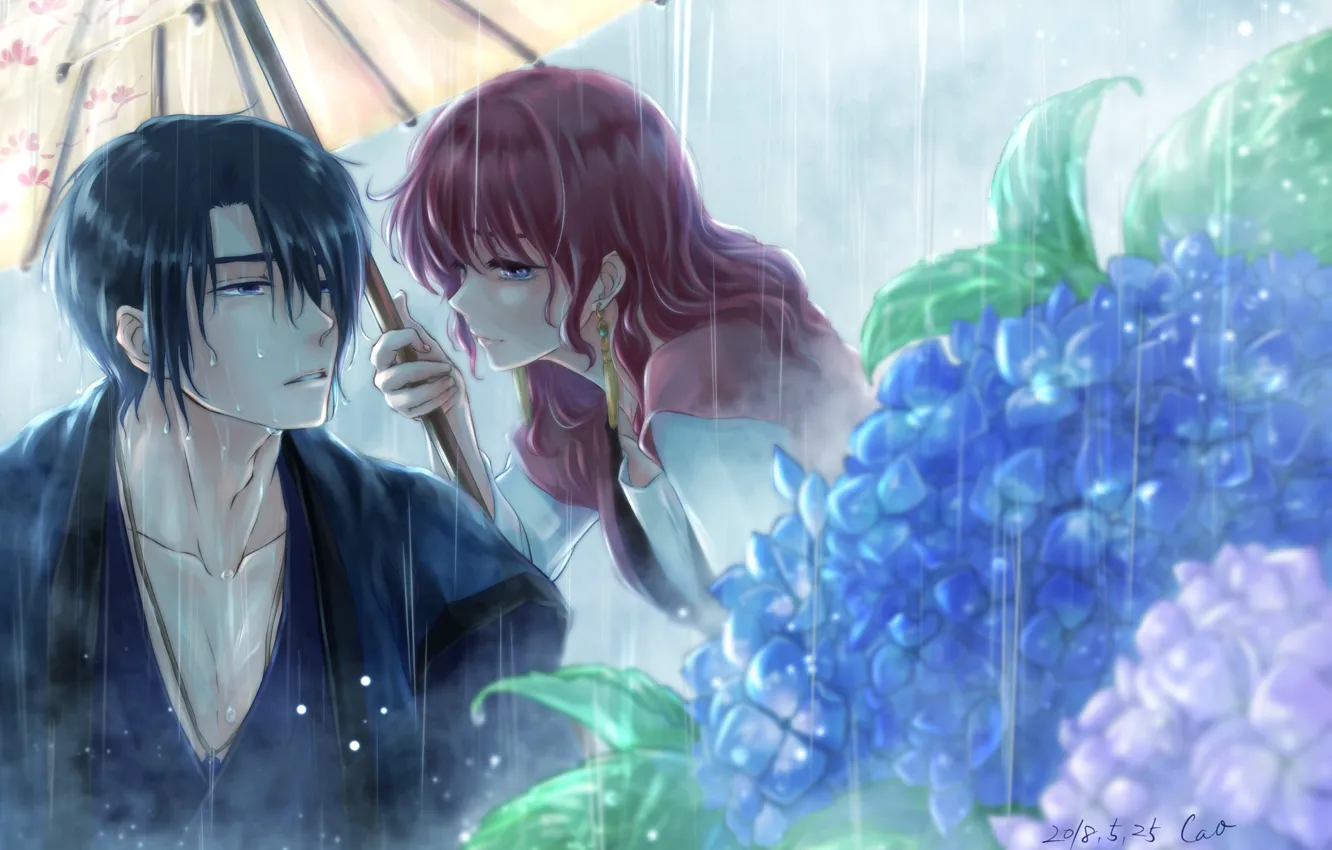 Фото обои девушка, мокрый, дождь, романтика, зонт, пара, парень, Рассвет Йоны