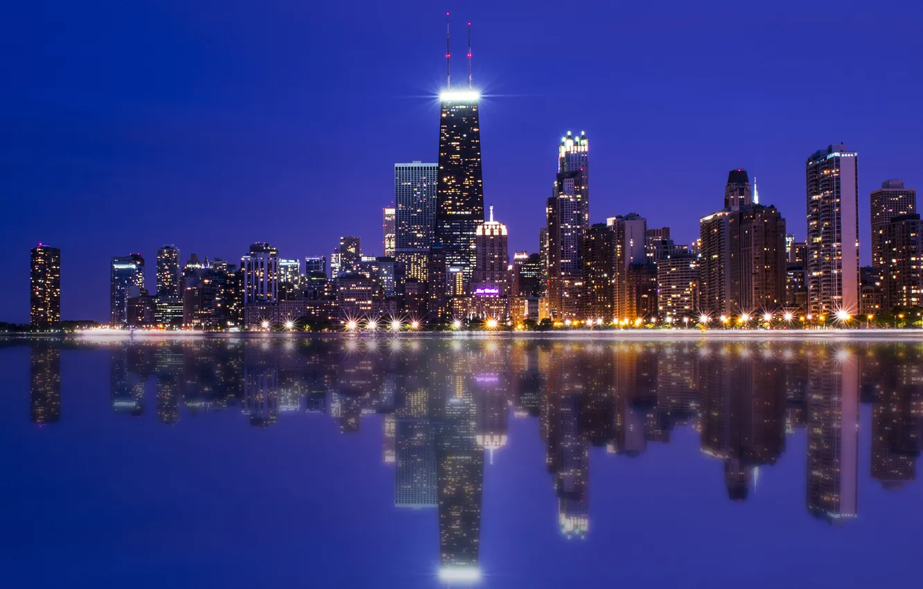 Фото обои Chicago, Night, Skyline, Colors, Photography, Lake, Michigan, Reflection
