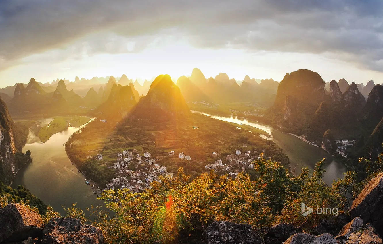Фото обои горы, город, скалы, дома, Китай, Гуанси, Xingping, река Ли