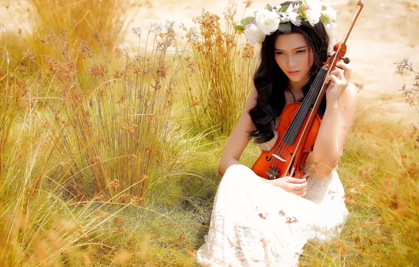Фото обои лето, девушка, музыка, скрипка, азиатка