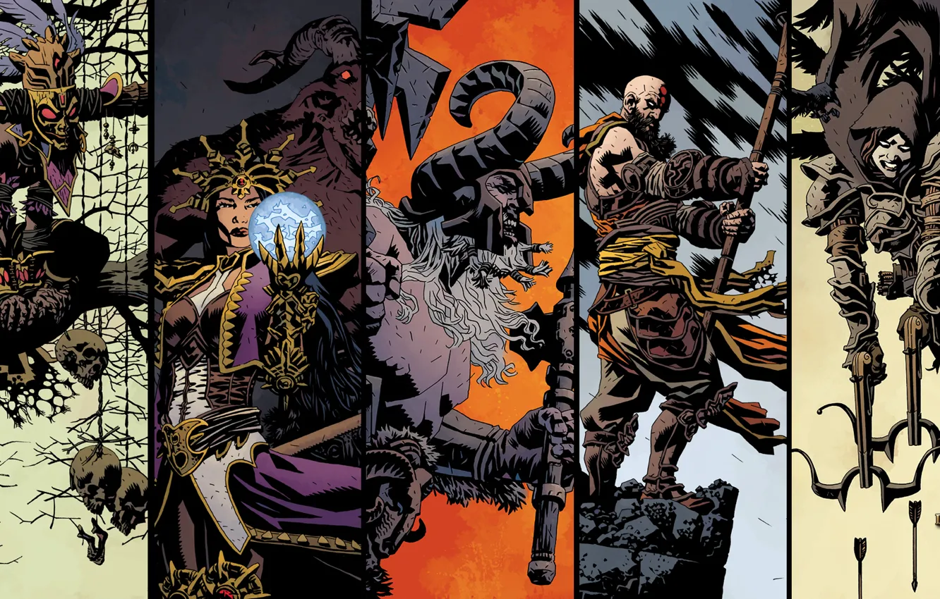 Фото обои арт, Diablo 3, demon hunter, monk, mage, barbarian, witch doctor