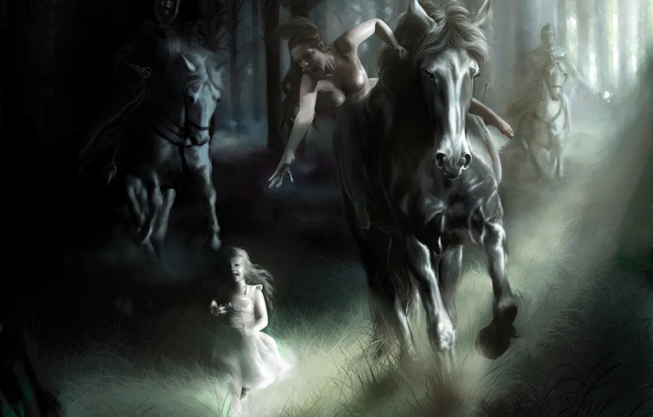 Фото обои лошадь, рисунок, погоня, девочка