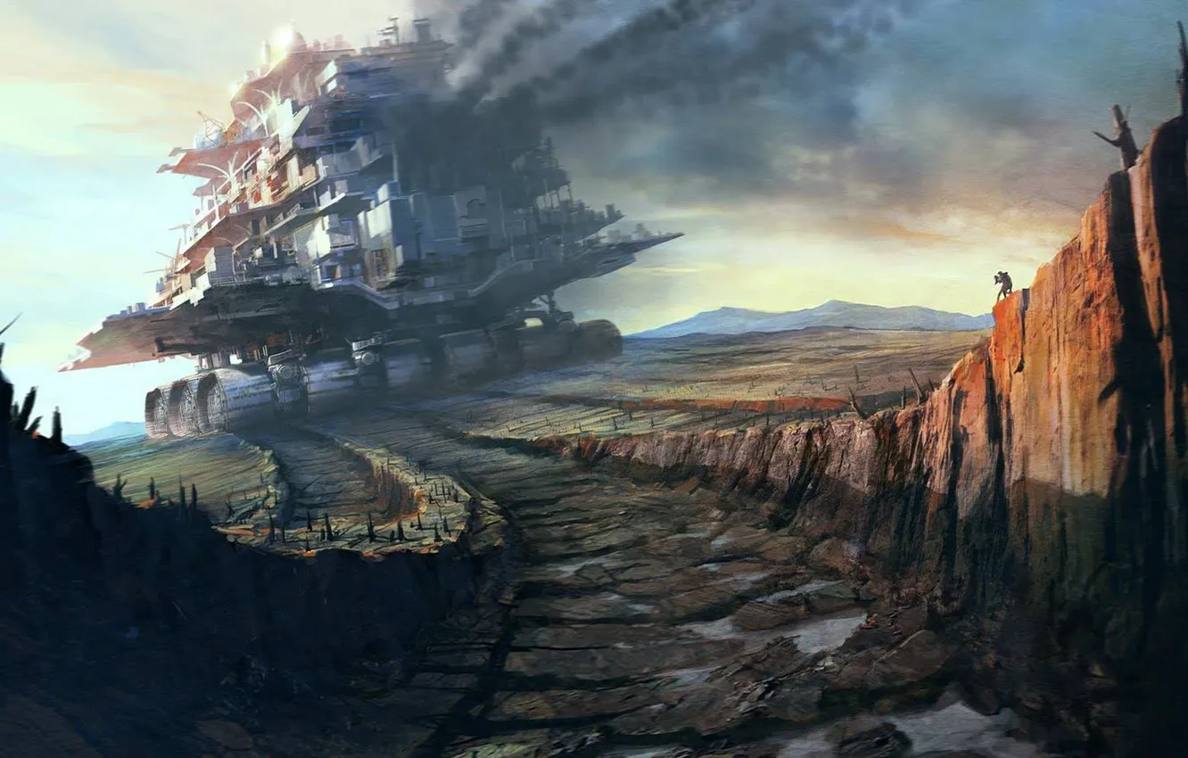 Фото обои машина, рисунок, след, гусиницы, philip reeve, mortal engines