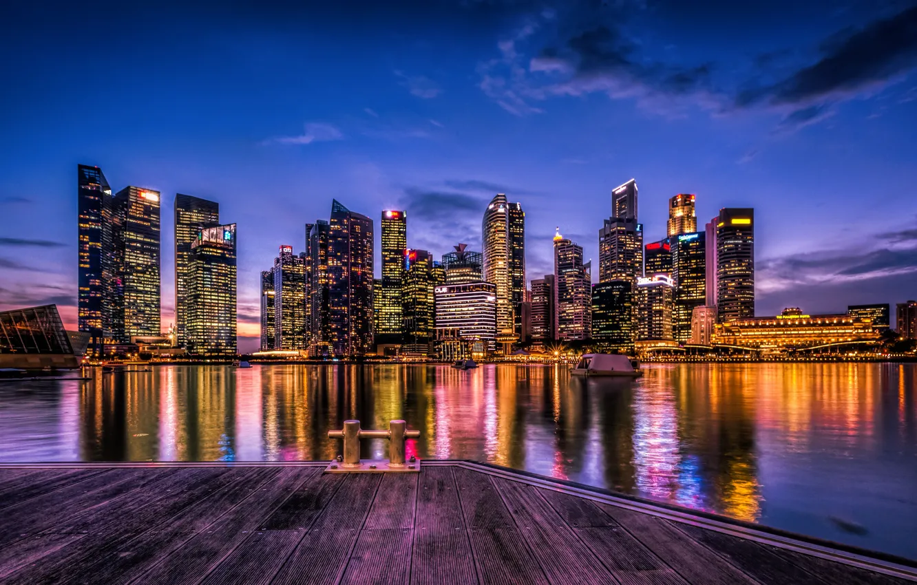 Фото обои ночь, огни, река, дома, небоскребы, Сингапур, набережная