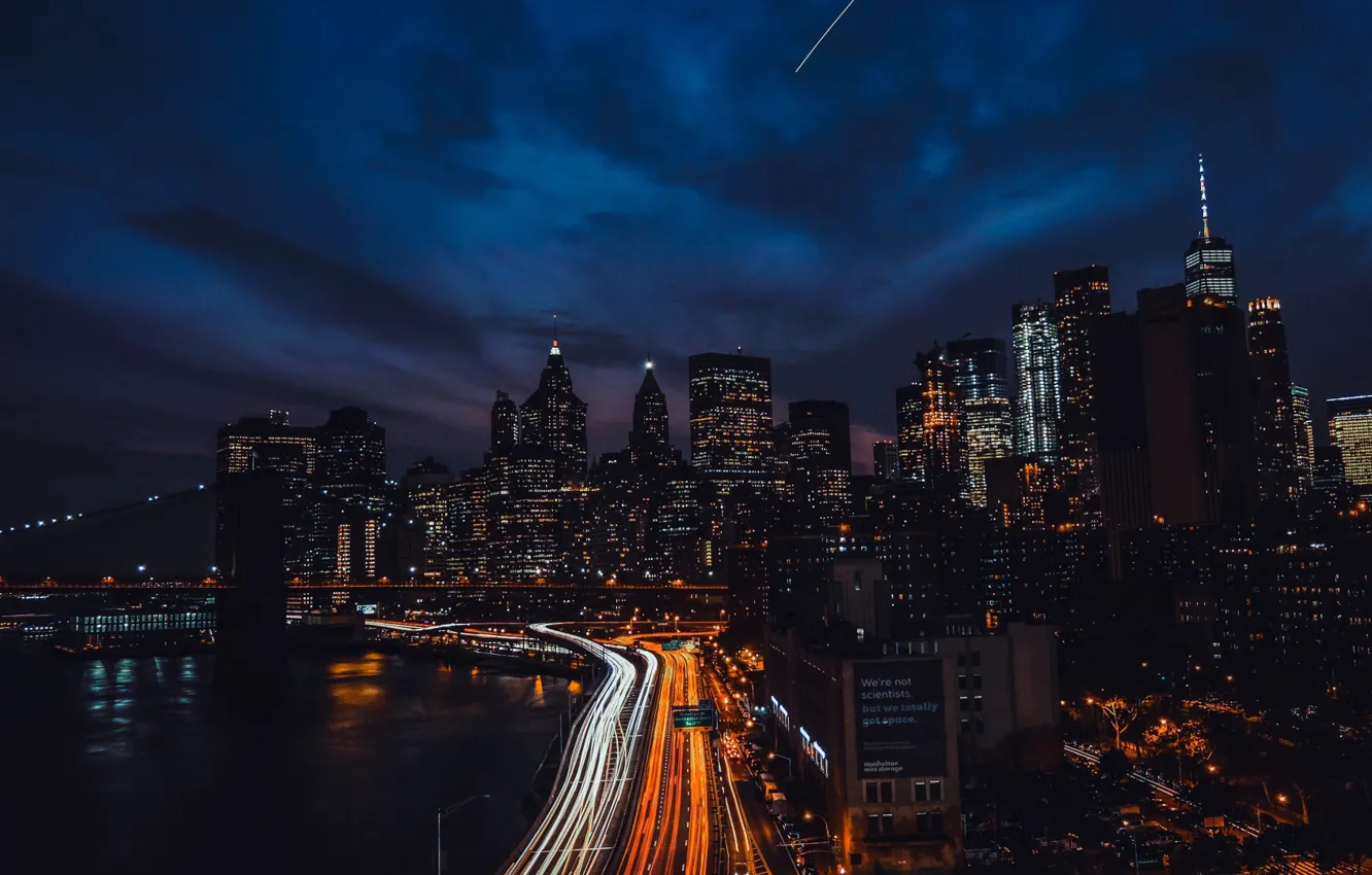Фото обои небоскребы, Бруклинский мост, набережная, New York, usa, огни ночного города