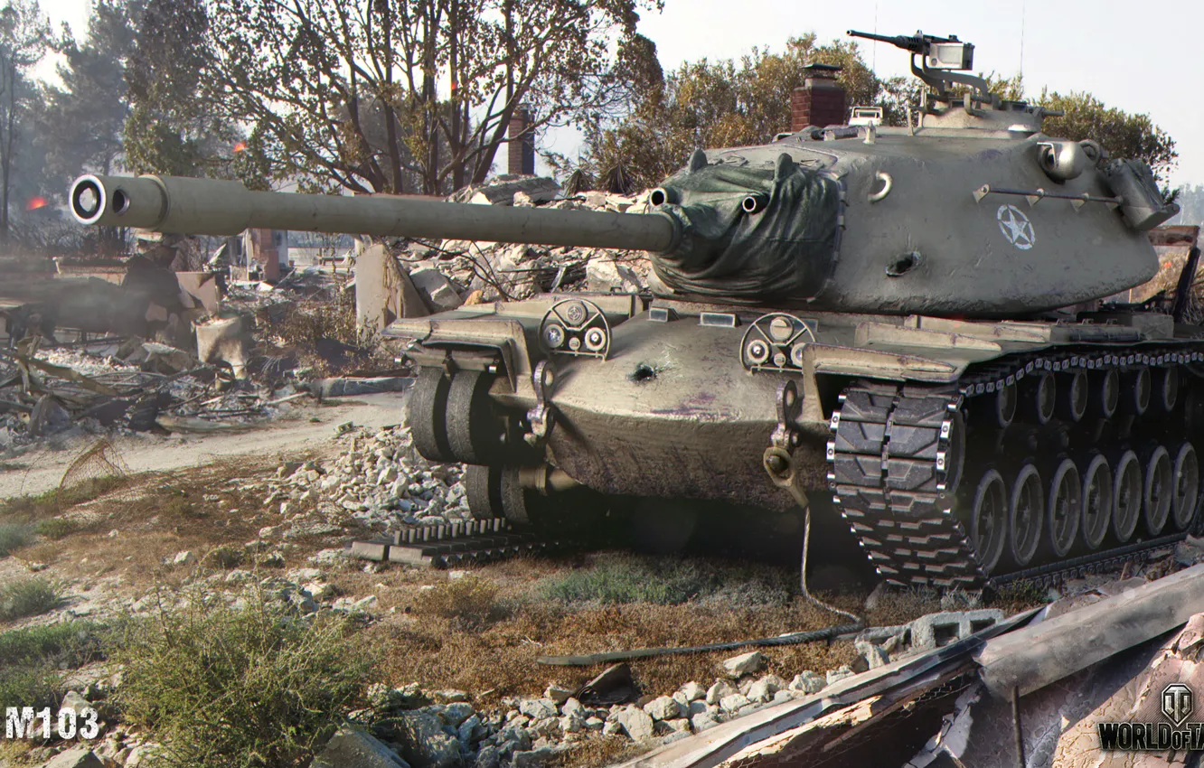 Фото обои гусеница, город, танк, руины, американский, тяжелый, World of Tanks, М103