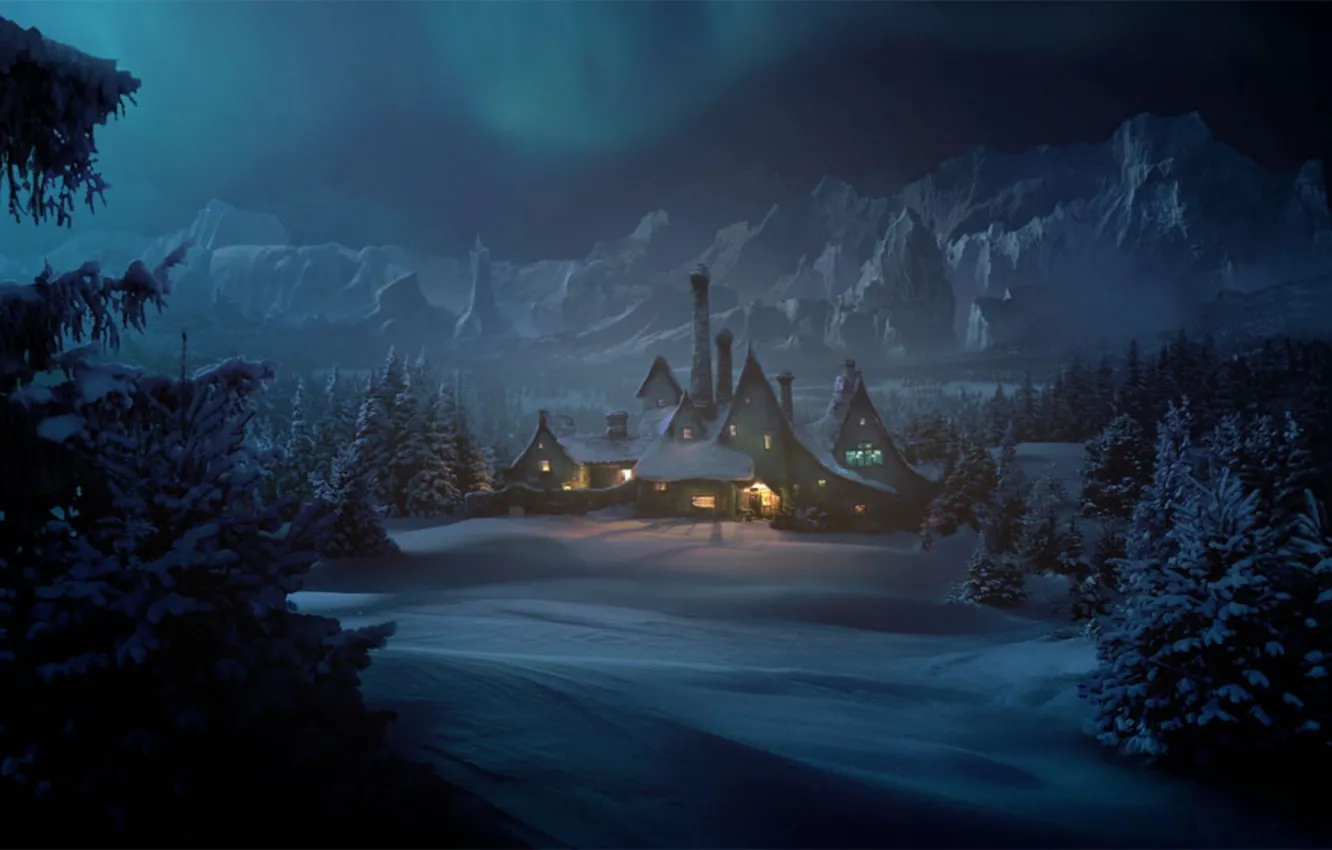 Фото обои снег, деревья, горы, огни, дом, Зима