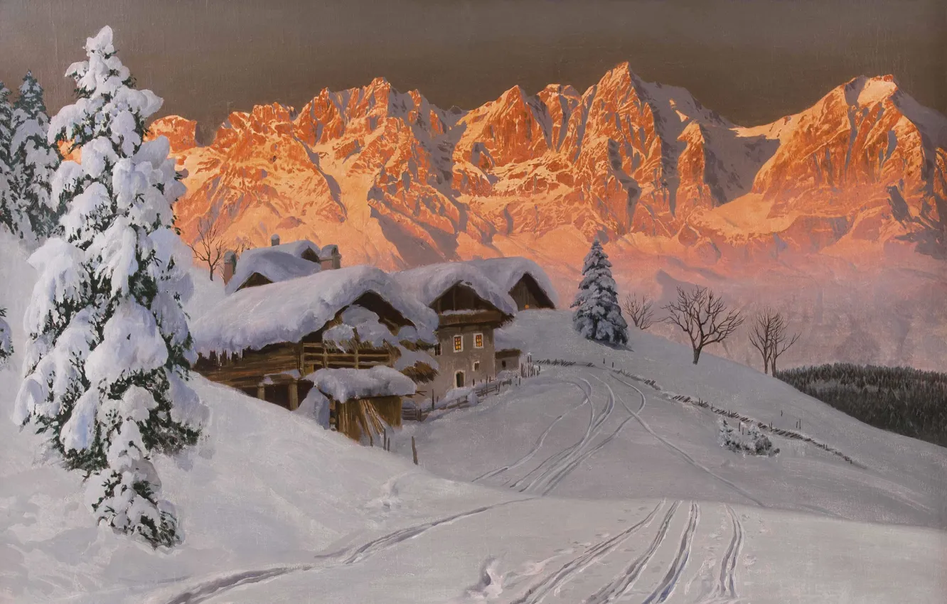 Фото обои Alois Arnegger, Austrian painter, австрийский живописец, oil on canvas, Алоис Арнеггер, Вечернее зимнее настроение перед …