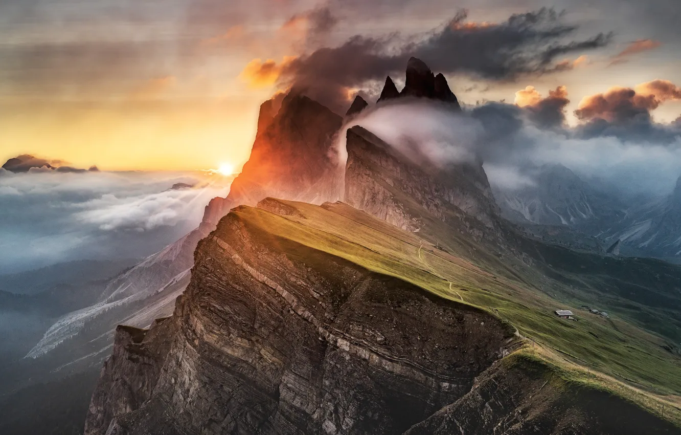 Фото обои Light, Clouds, Mountain, Alps, Fog, Dolomites