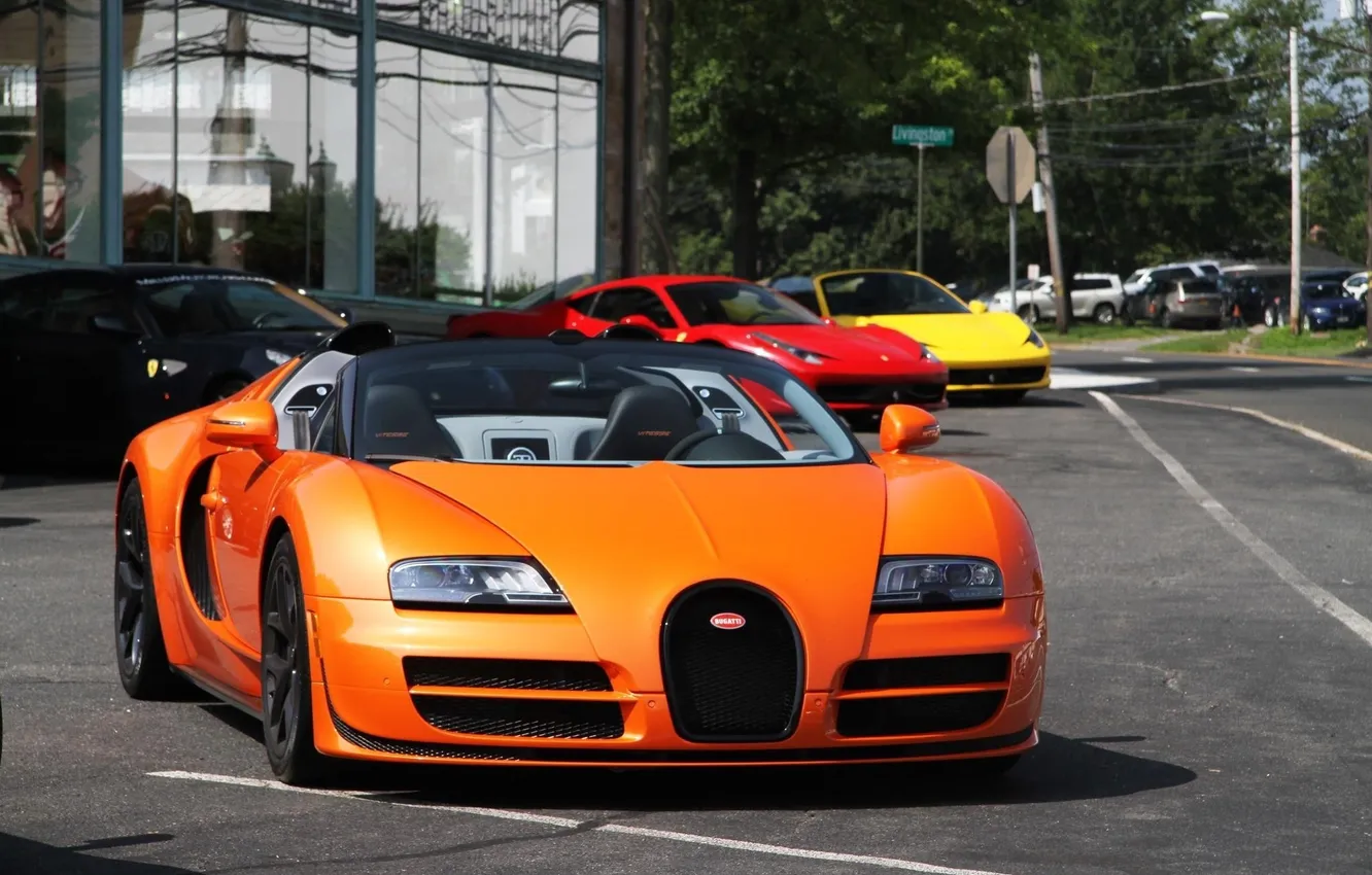 Фото обои Roadster, Bugatti, Veyron, supercar, orange, Ferrari 458 Italia, Grand Sport, Vitesse