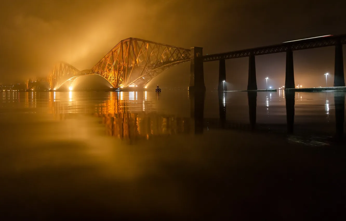 Фото обои ночь, мост, река