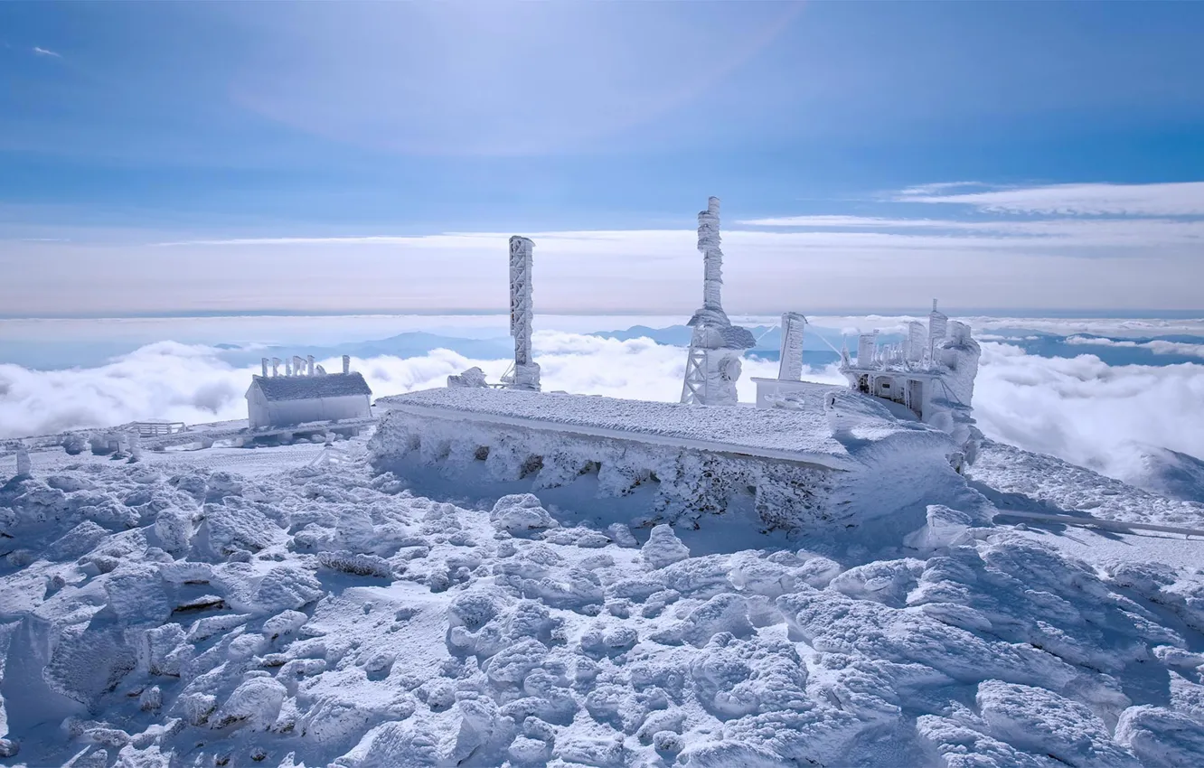 Фото обои снег, США, обсерватория, Нью-Гэмпшир, гора Вашингтон