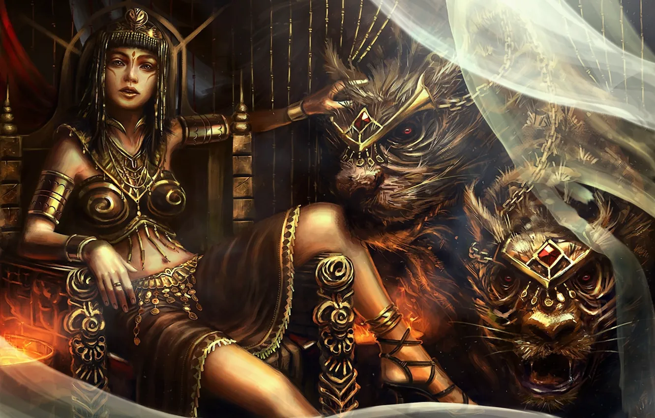 Фото обои девушка, украшения, кошки, хищники, арт, монстры, дикие, трон