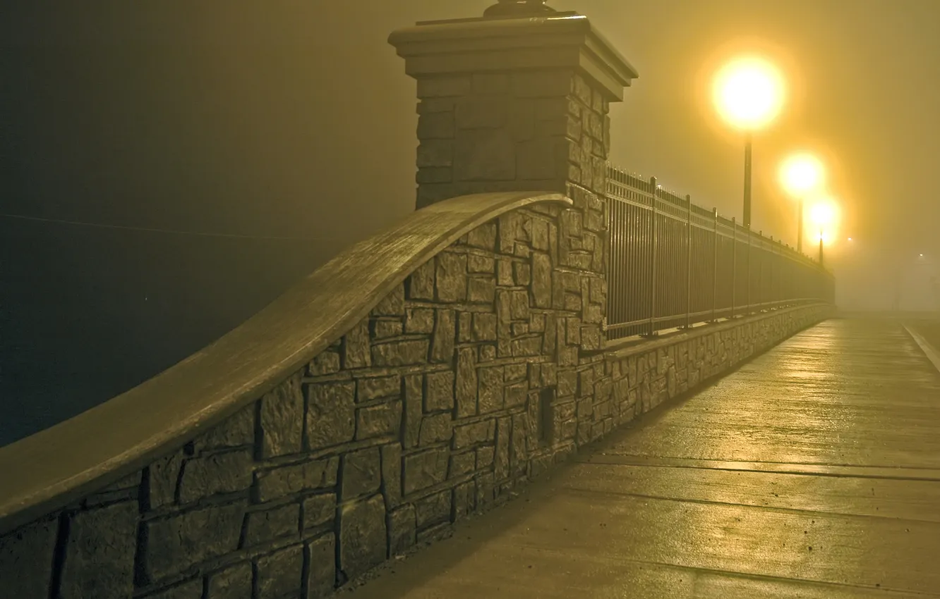 Фото обои ночь, мост, город, туман, bridge in mist and lights