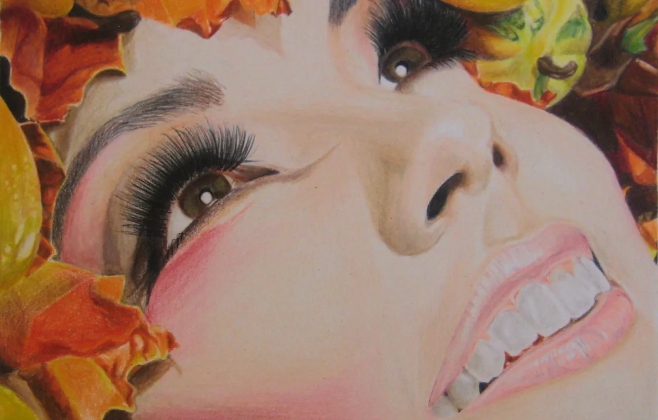Фото обои осень, взгляд, листья, девушка, лицо, ресницы, улыбка, макияж