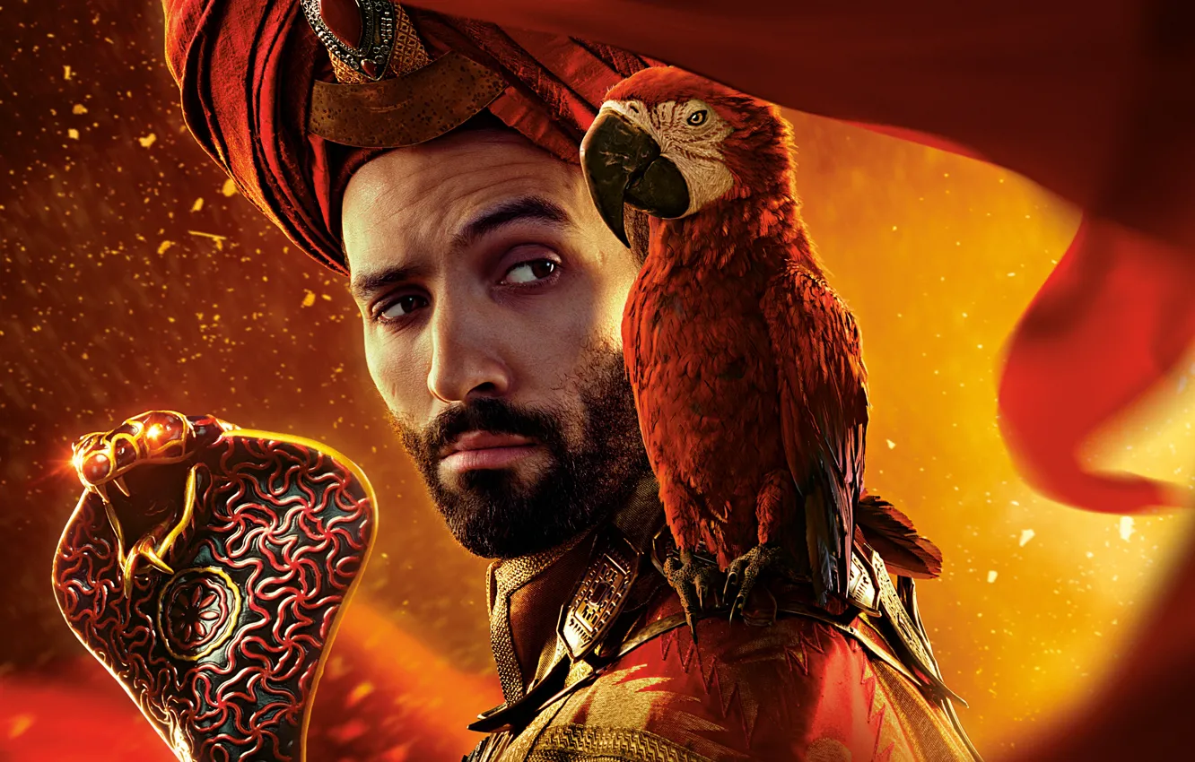 Фото обои попугай, посох, борода, Aladdin, Аладдин, Марван Кензари, Marwan Kenzari, Jafar