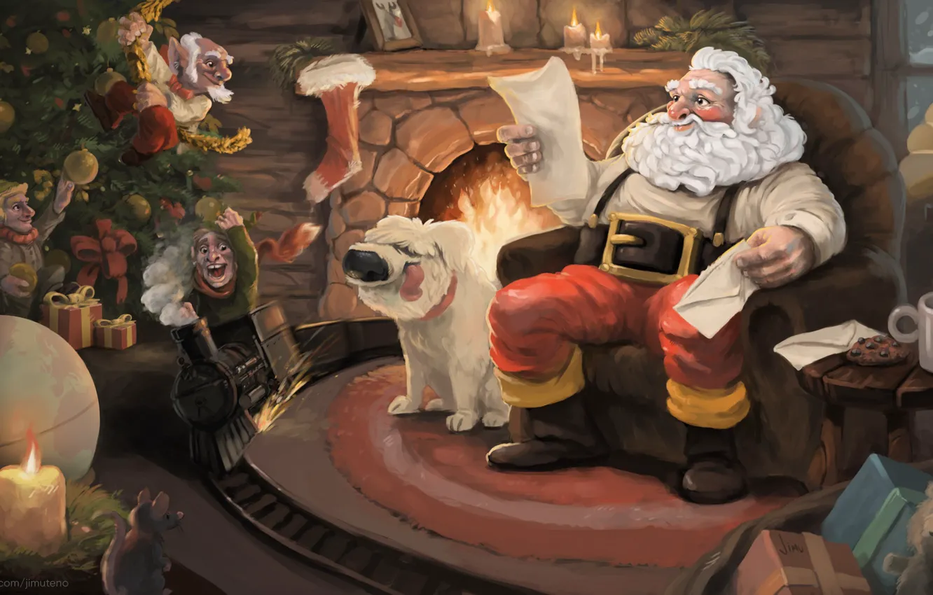 Фото обои Собака, Рисунок, Санта, Праздник, Санта Клаус, Арт, Christmas, Art
