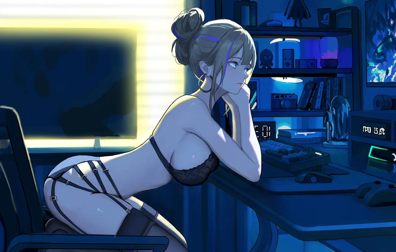 Фото обои blue eyes, underwear, black panties, anime girls, kneeling, bent over, sideboob, hairbun
