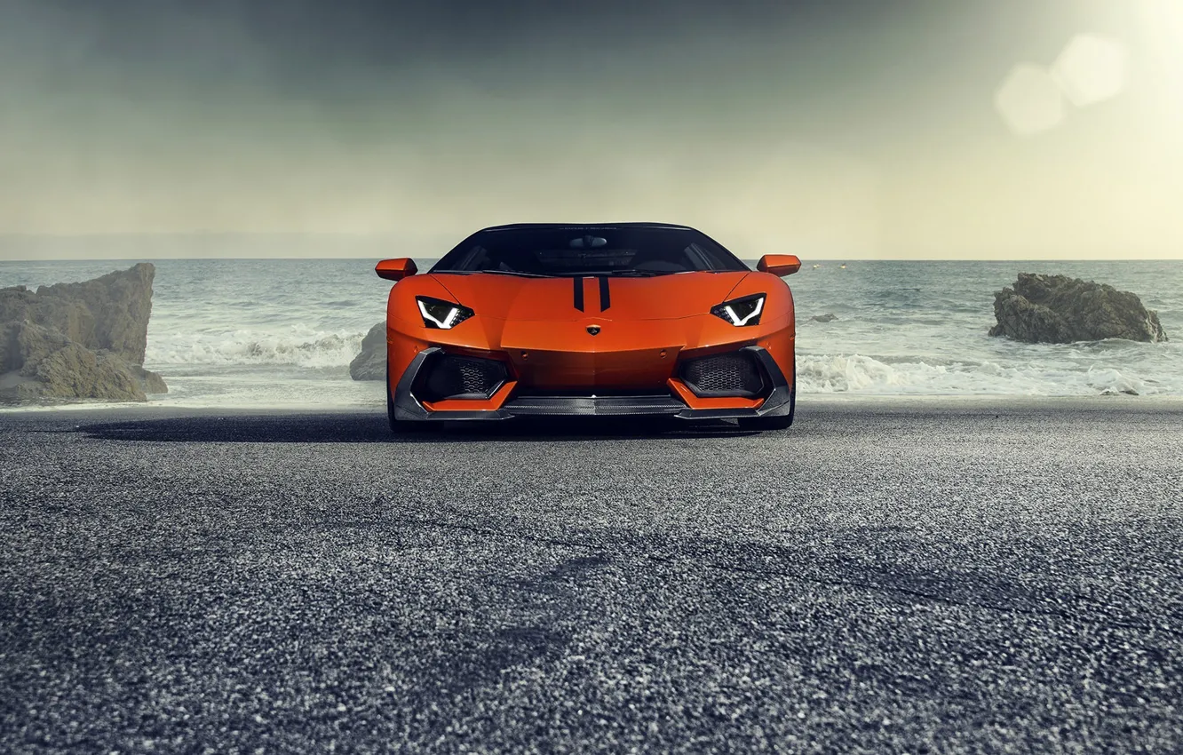 Фото обои Lamborghini, Orange, Front, Vorsteiner, Sun, Sea, Supercar, Zaragoza