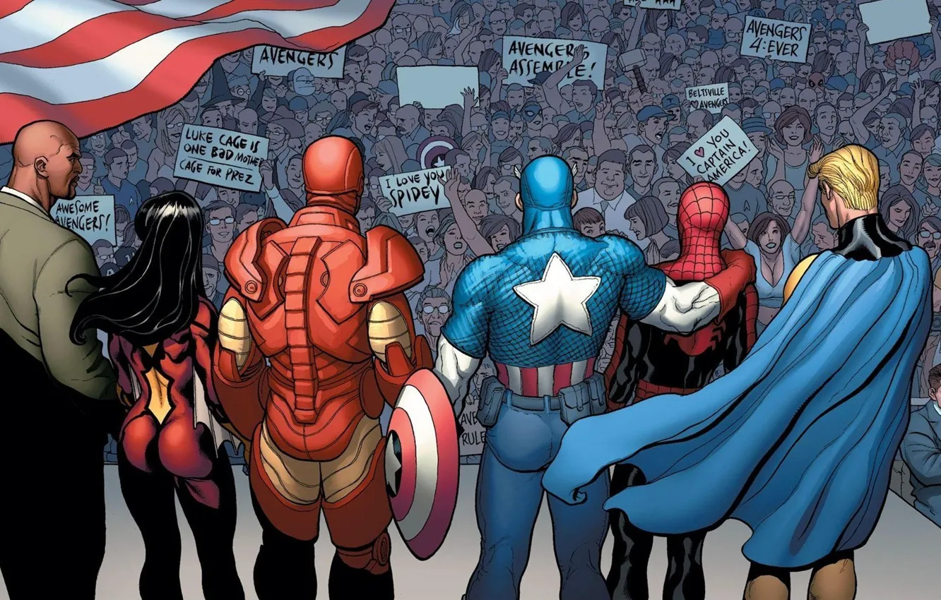 Фото обои толпа, Iron Man, Captain America, Marvel Comics, Spider-Man, Spider-Woman, Sentry, Luke Cage