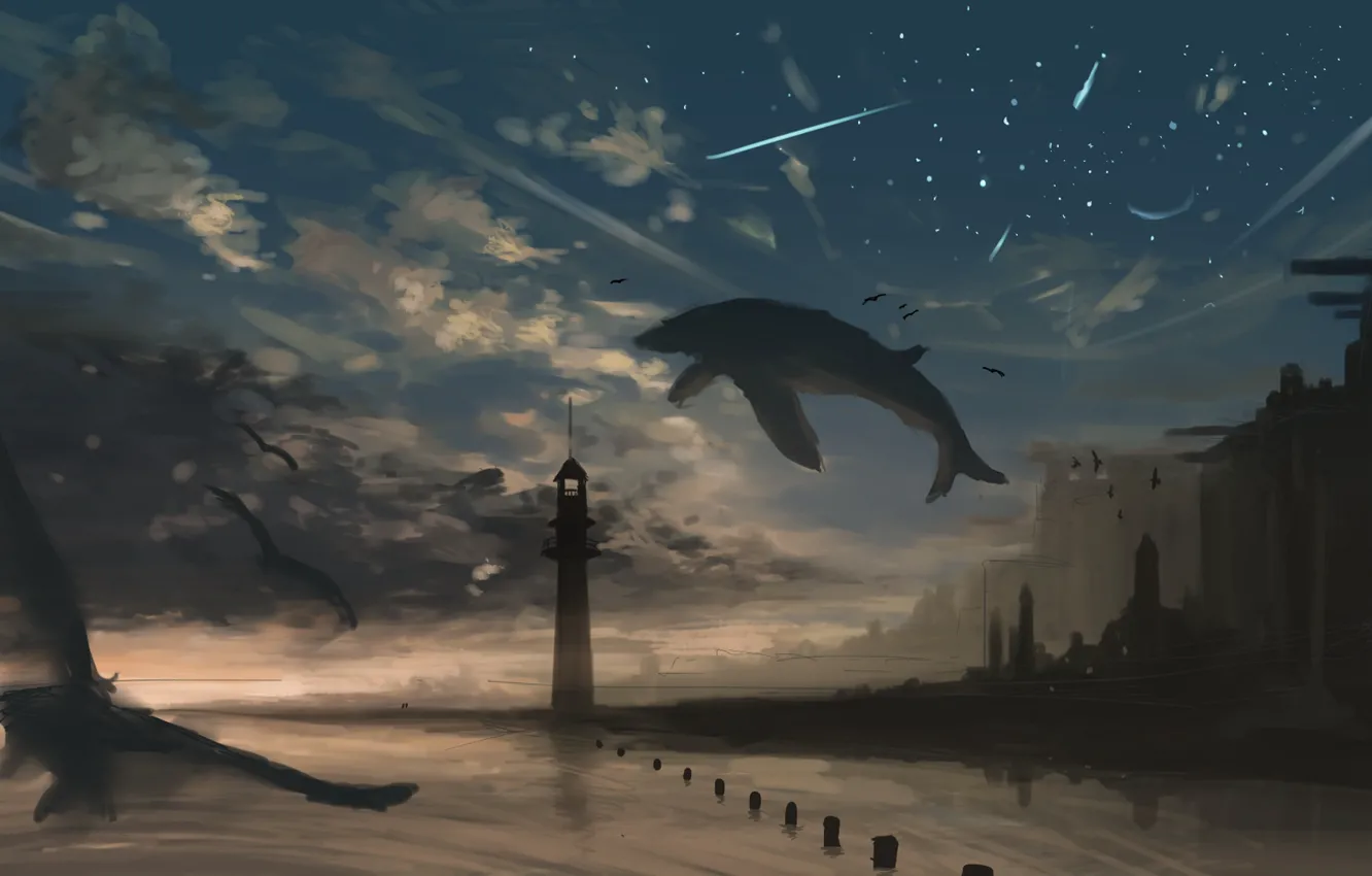 Фото обои море, небо, природа, маяк, чайки, кит