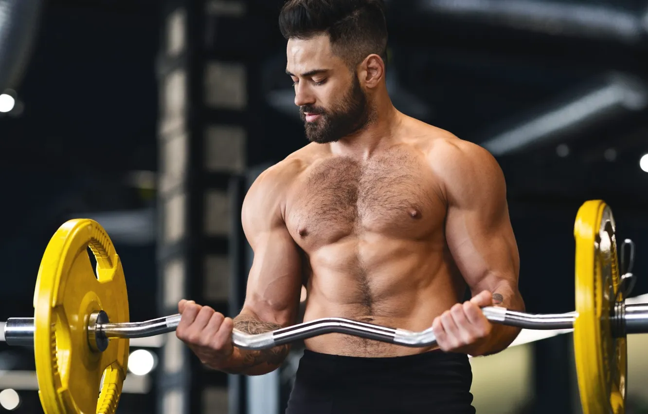 Фото обои поза, muscle, мышцы, штанга, атлет, бицепс, gym, бодибилдер