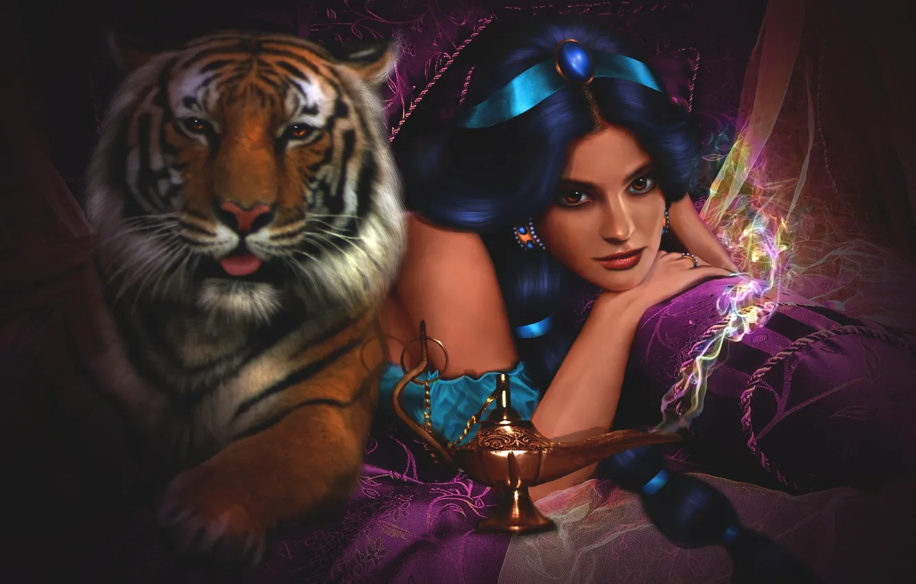 Фото обои девушка, тигр, сказка, аниме, дисней, жасмин, Aladdin (Disney), аладин