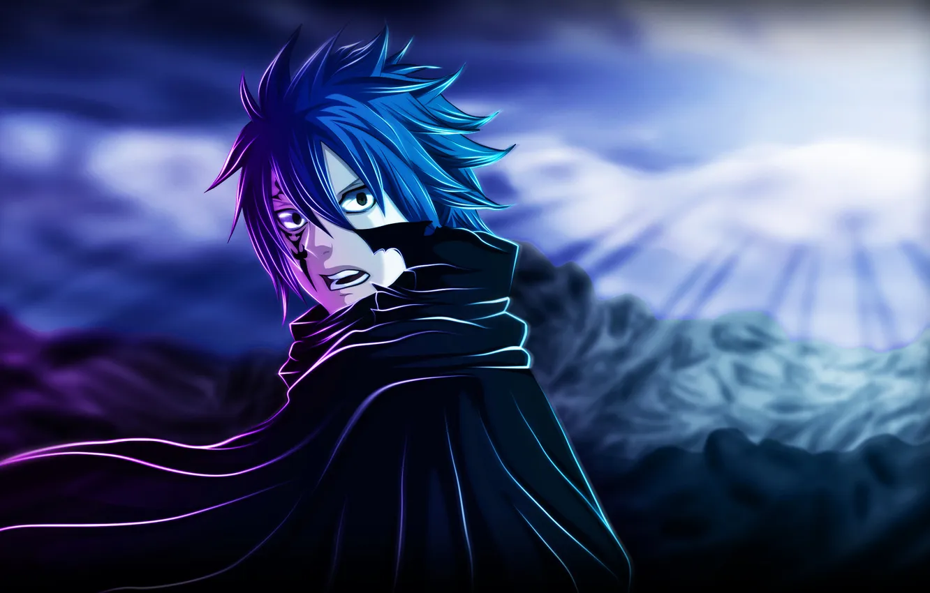 Фото обои солнце, горы, аниме, арт, парень, плащ, fairy tail, сказка о хвосте феи
