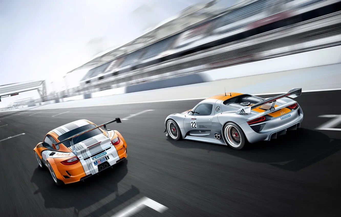 Фото обои Concept, солнце, 911, Porsche, порше, вид сзади, 918, GT3