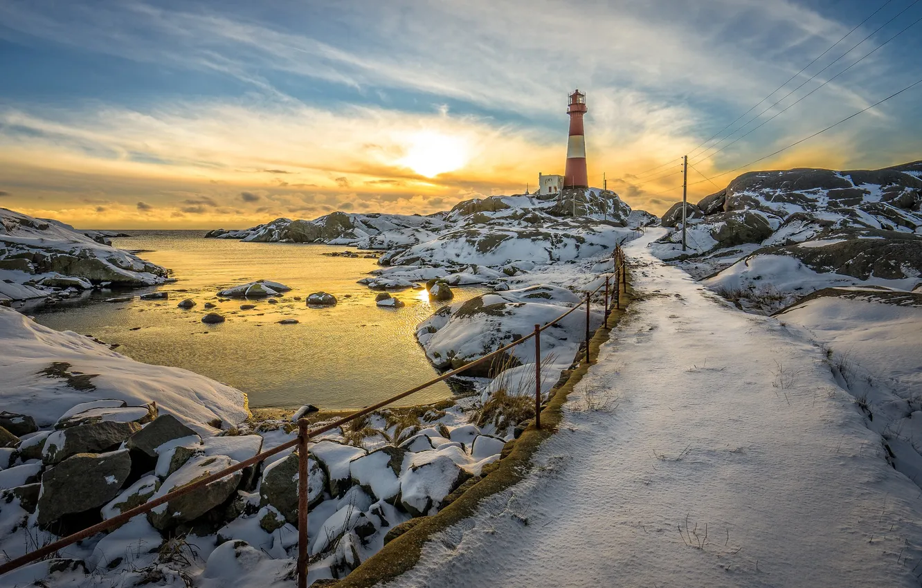 Фото обои зима, море, маяк, утро