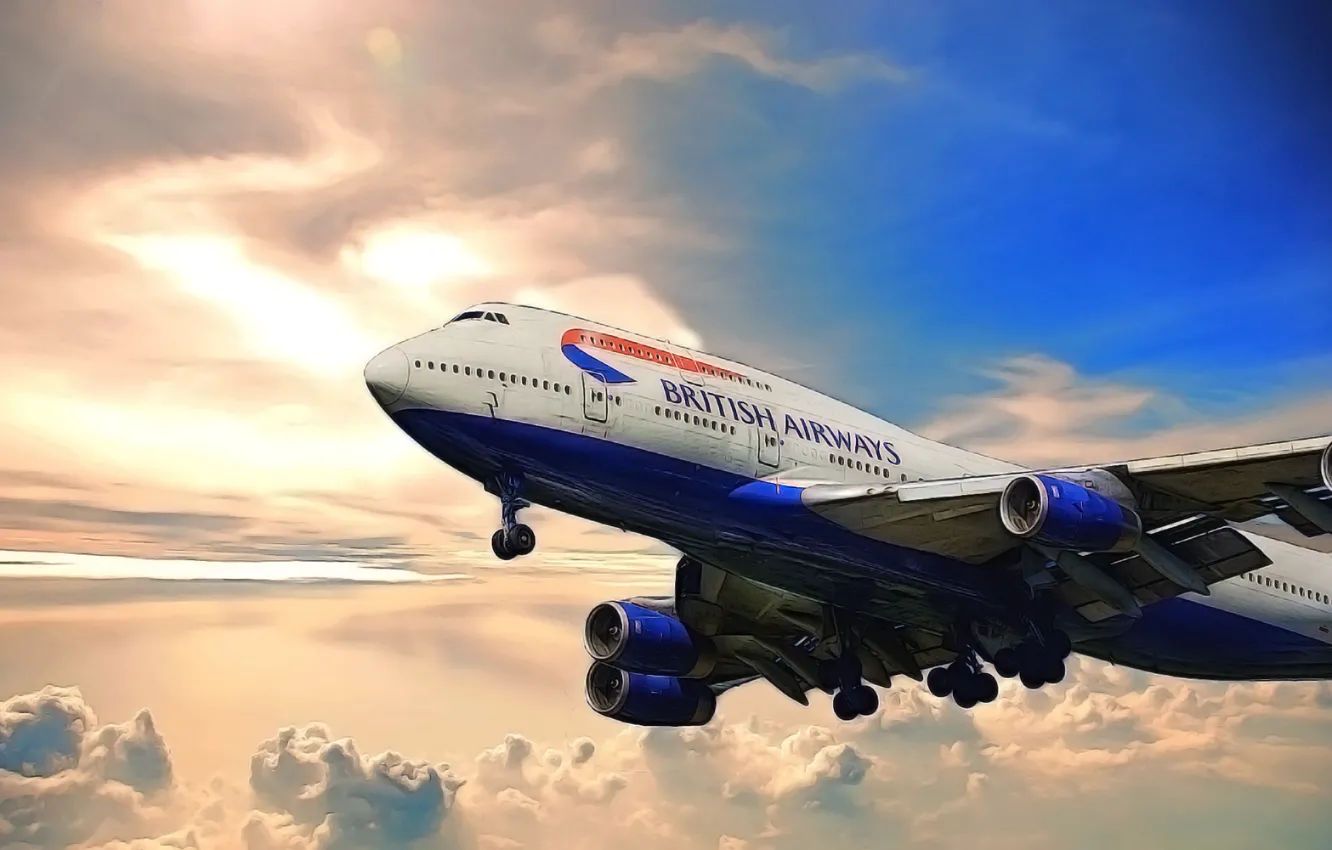 Фото обои Небо, Облака, Рисунок, Самолет, Аэропорт, Boeing, Боинг, 747