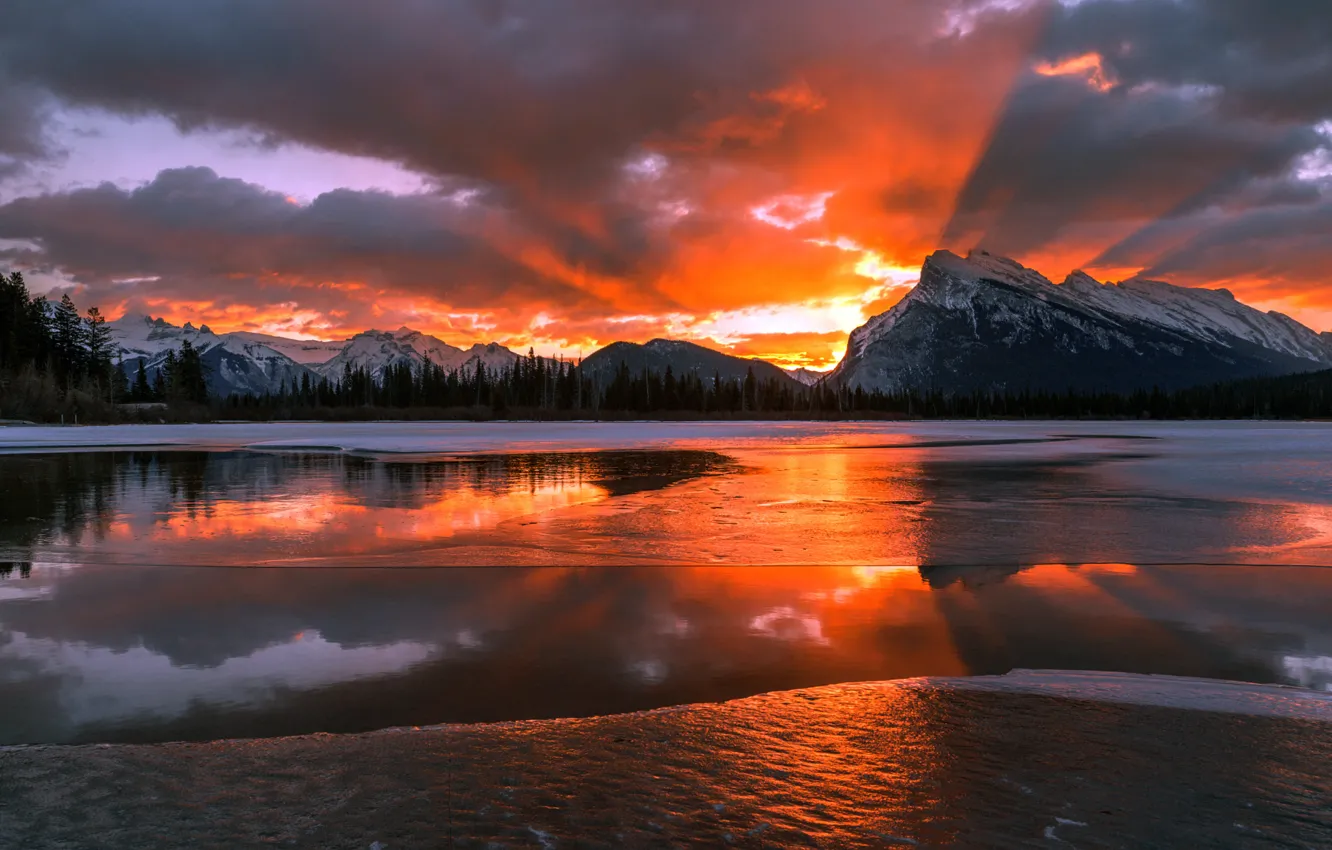 Фото обои зима, снег, горы, рассвет, утро, Канада, Альберта, Национальный парк Банф