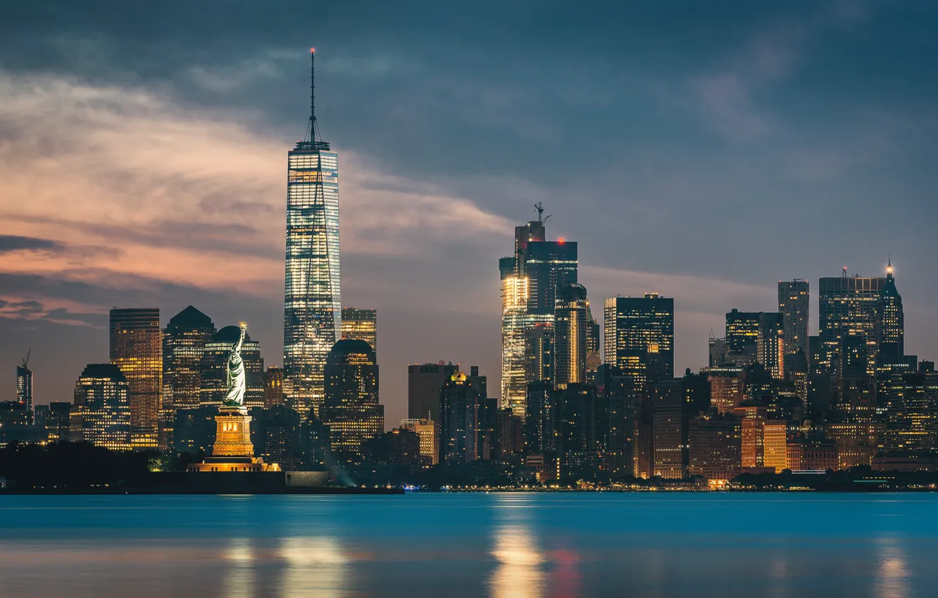 Фото обои night, New York, Statue of Liberty, skyscrapers, cityscape
