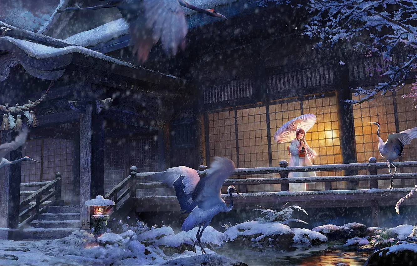 Фото обои зима, девушка, снег, дом, зонт, аниме, арт, кимоно