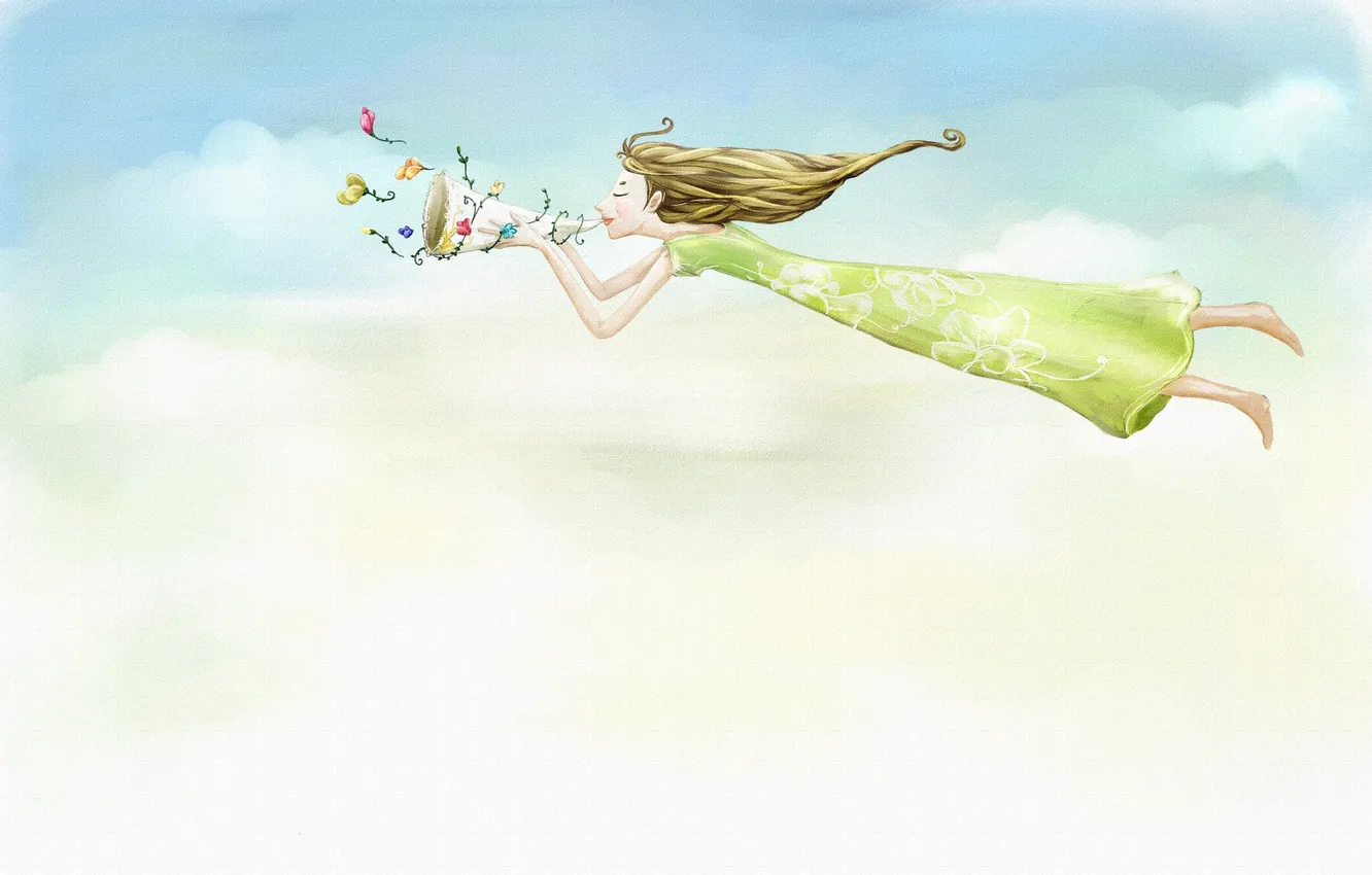 Фото обои девушка, облака, цветы, платье, полёт, рог, длинноволосая