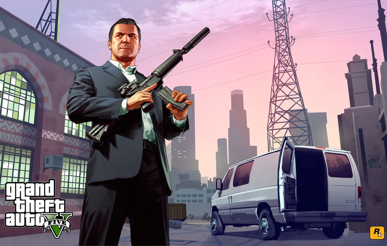 Фото обои оружие, автомат, майкл, Grand Theft Auto V, gta5, лос сантос