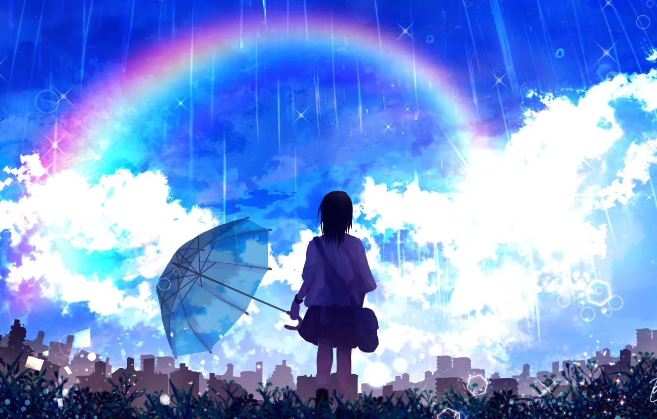 Фото обои небо, девушка, дождь, радуга, школьница