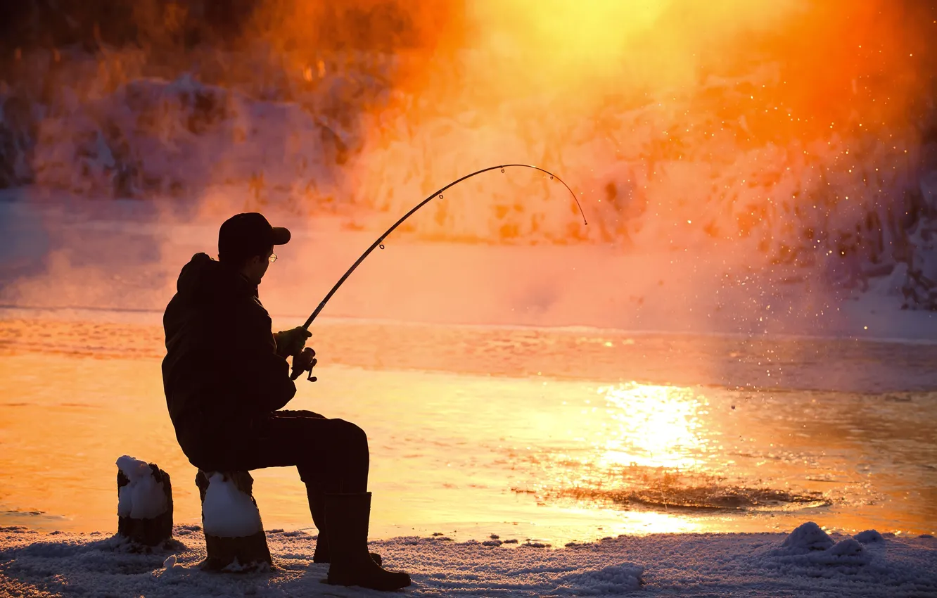 Фото обои ice, winter, man, fun, Fishing, fishing equipment