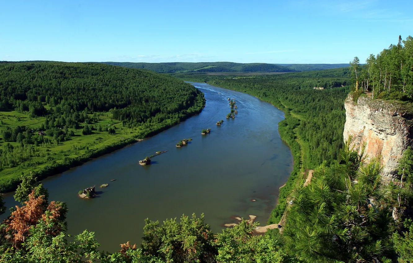 Фото обои лес, небо, река, гора