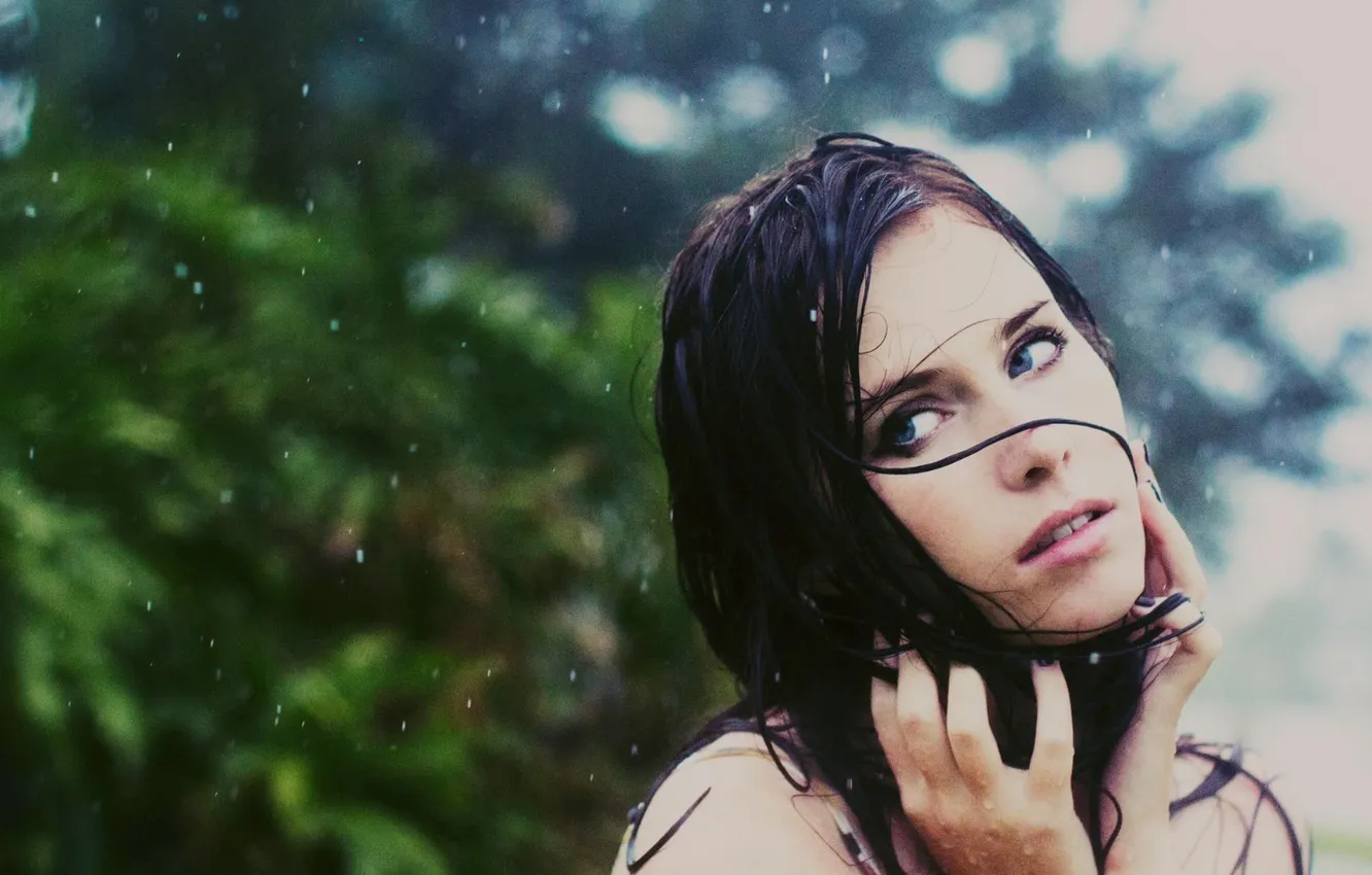 Фото обои взгляд, девушка, дождь, волосы, мокрая