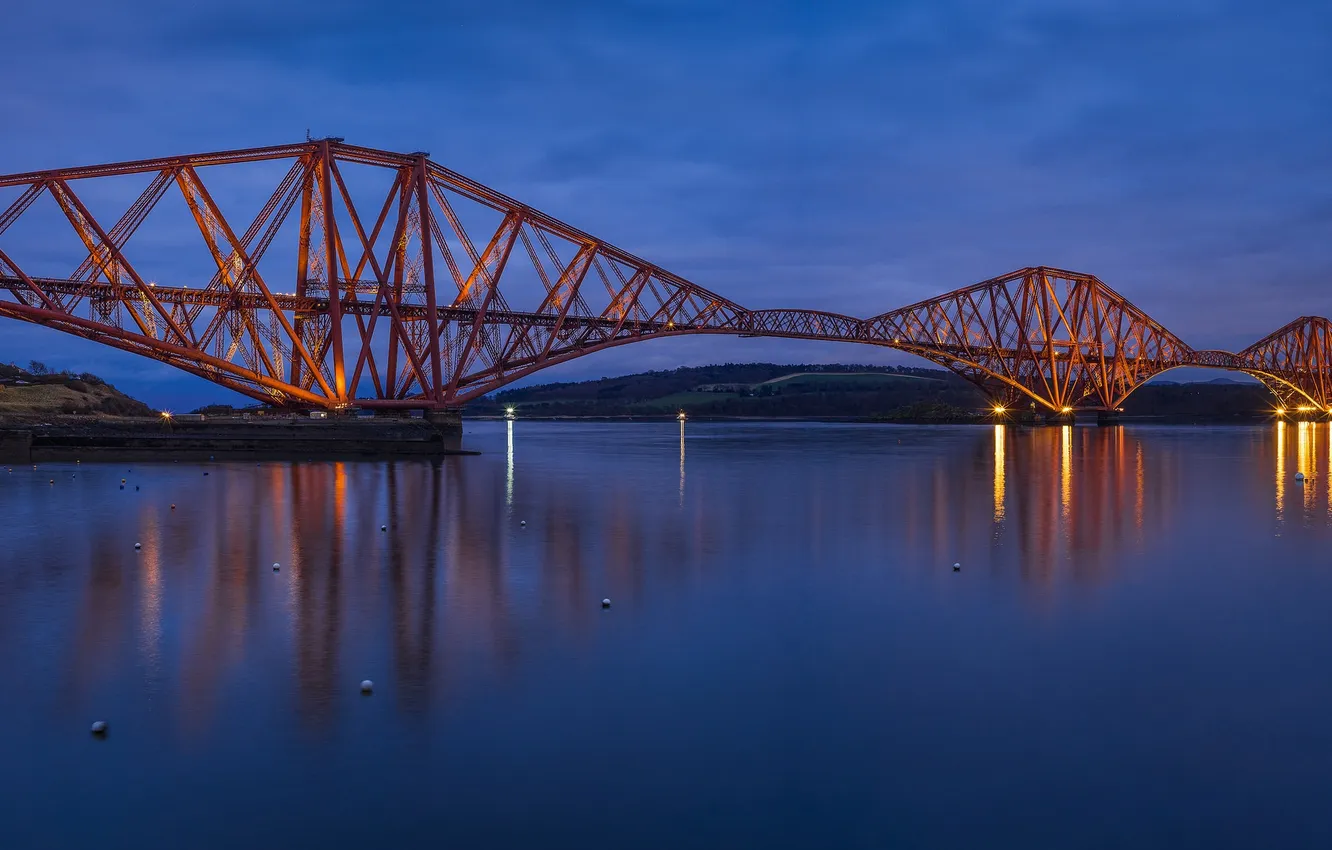 Фото обои небо, мост, огни, река, вечер, Шотландия, освещение, Великобритания