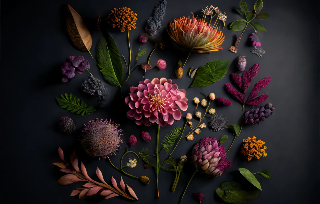 Фото обои листья, цветы, dark, натюрморт, flowers, background, leaves, still life