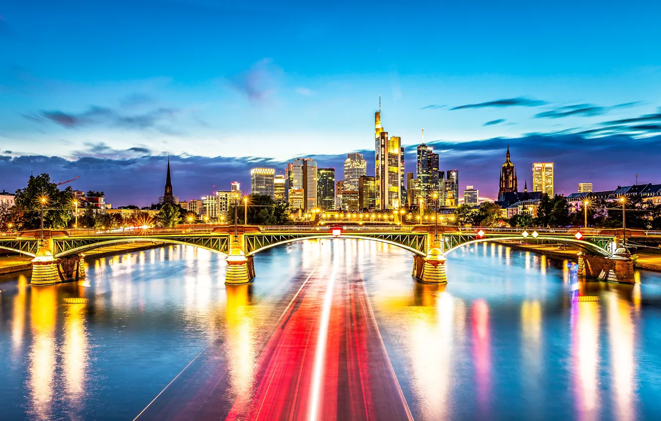 Фото обои мост, огни, здания, Германия, водоем, Франкфурт