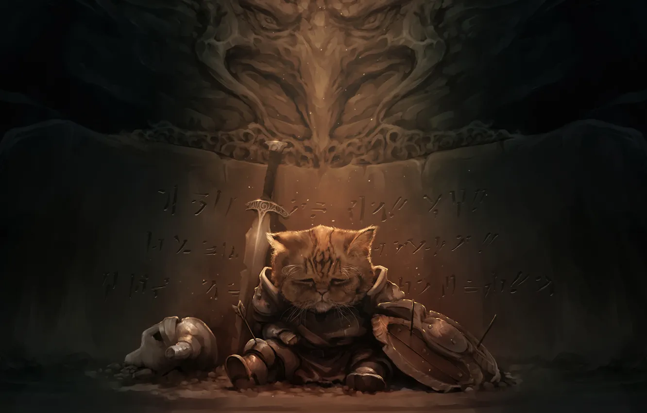 Фото обои грусть, кот, темно, меч, арт, шлем, приключения, Skyrim