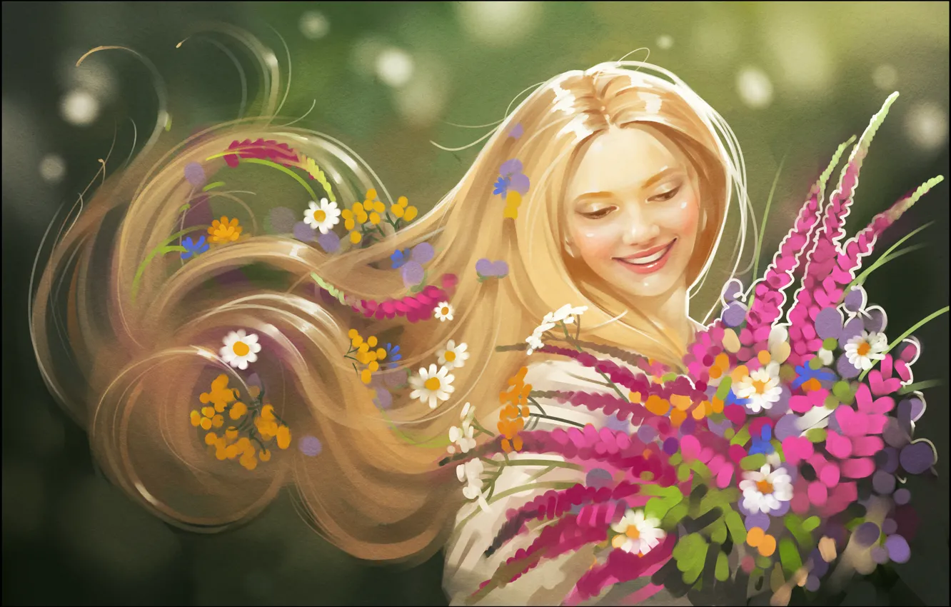 Фото обои лето, девушка, цветы, улыбка, волосы, арт, блондинка
