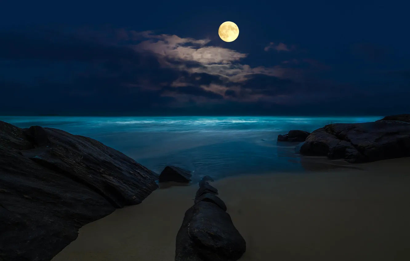 Фото обои море, пляж, ночь, скалы, луна, полнолуние