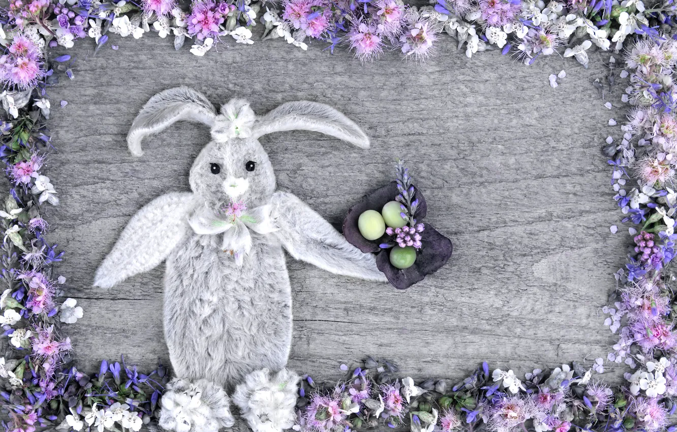Фото обои цветы, праздник, игрушка, яйца, весна, кролик, пасха