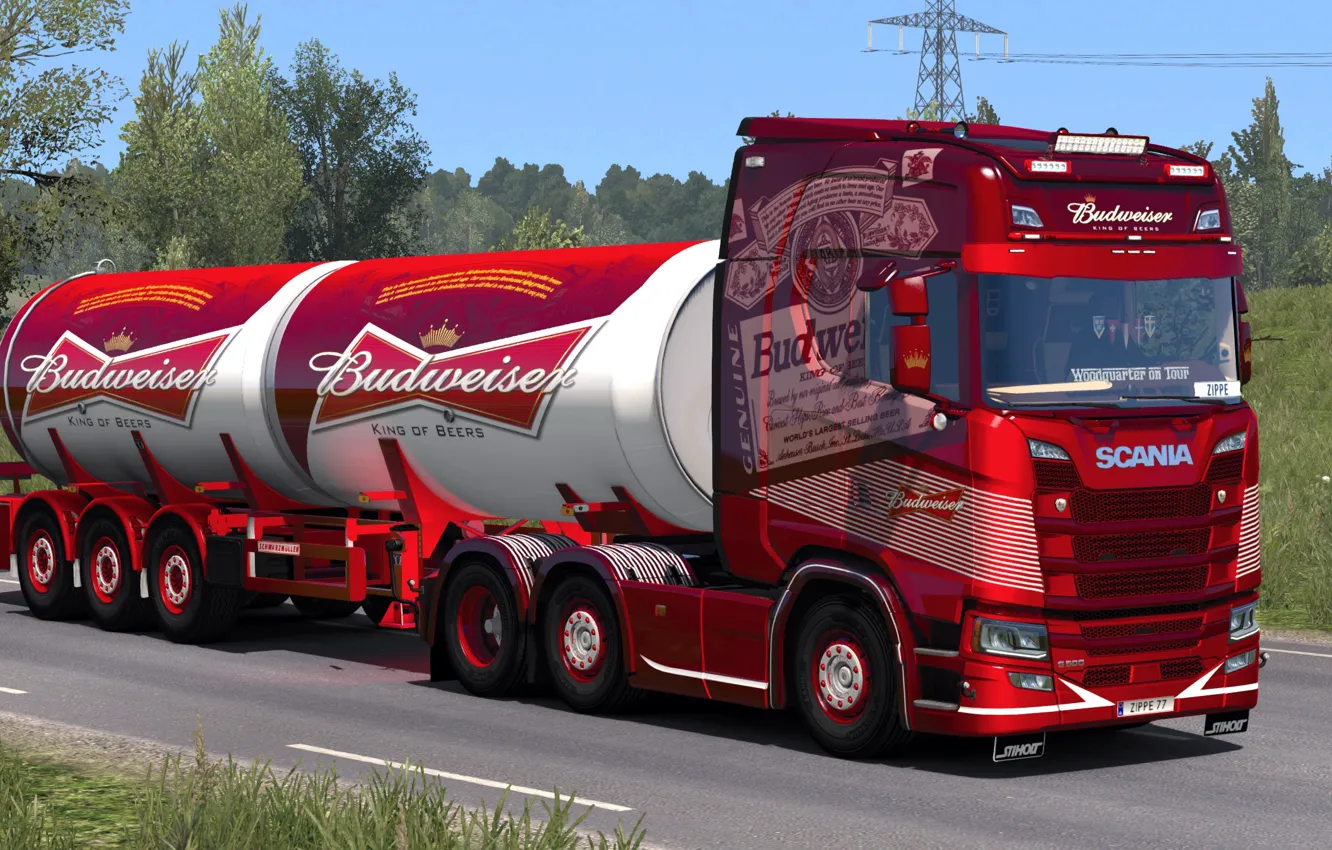 Фото обои дорога, грузовик, Scania, ETS2, Budweiser, Euro Truck Simulator 2